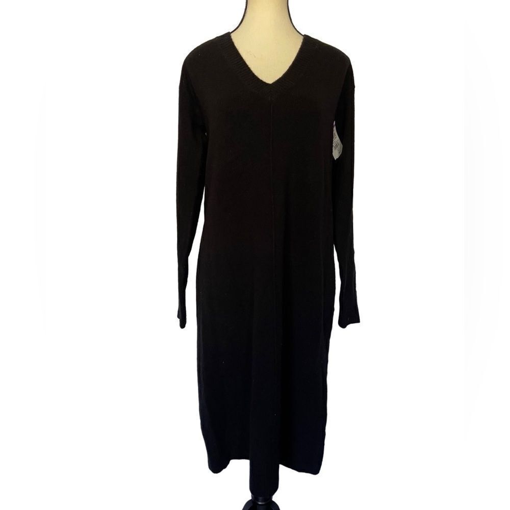 Treasure & Bond wool blend black v neck long sleeve sweater midi dress sz S
